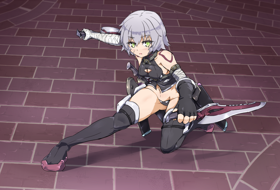 1girl assassin_of_black bandage bandaged_arm bare_shoulders black_legwear black_panties blush breasts depo_(typebaby505) fate/apocrypha fate/grand_order fate_(series) gloves green_eyes looking_at_viewer navel open_mouth panties scar short_hair shoulder_tattoo silver_hair solo tattoo thigh-highs underwear weapon