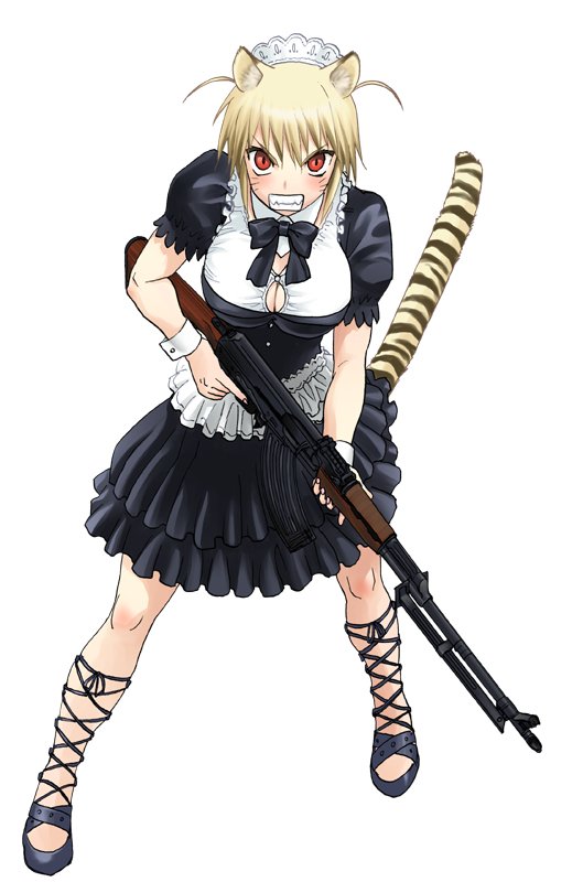 1girl angry animal_ears blonde_hair bow breasts brown_hair bursting_breasts clenched_teeth facial_mark full_body gun hair_ornament holding holding_weapon large_breasts light_machine_gun looking_at_viewer machine_gun maid official_art official_style red_eyes rifle rpk rpk_(upotte!!) short_hair skirt solo tail teeth tennouji_kitsune tiger_ears tiger_tail upotte!! weapon