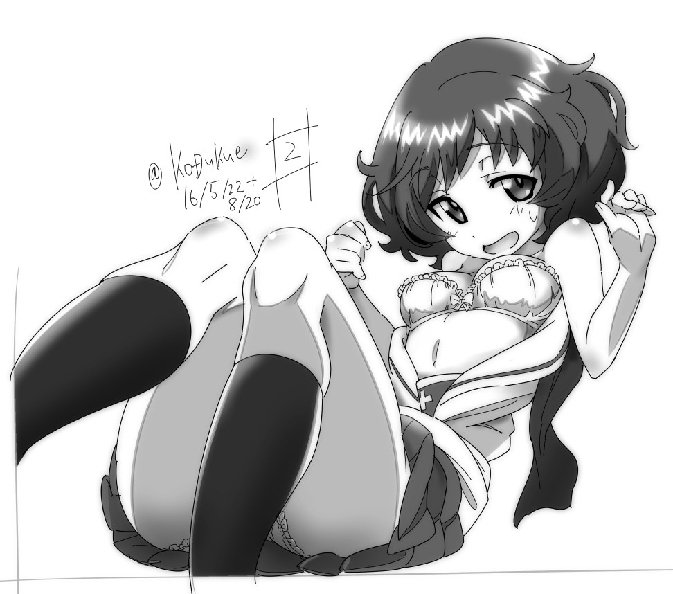 1girl akiyama_yukari arms_up bra breasts dated girls_und_panzer kneehighs kozu_kue lace lace-trimmed_bra lace-trimmed_panties legs looking_at_viewer lying messy_hair monochrome navel ooarai_school_uniform open_clothes panties pantyshot pantyshot_(lying) raised_eyebrows school_uniform serafuku shiny shiny_skin short_hair small_breasts solo thighs twitter_username underwear