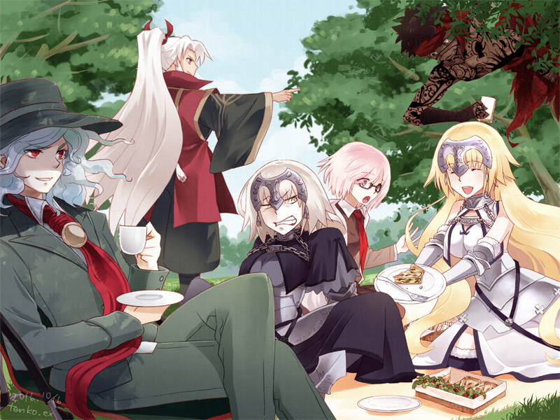 2016 3boys 3girls armor armored_dress avenger bandanna black_hat black_pants black_shirt blonde_hair blue_hair clenched_teeth closed_eyes dark_skin dated day edmond_dantes_(fate/grand_order) eyebrows_visible_through_hair facial_mark fate/grand_order fate_(series) floating_hair formal glasses green_pants hair_ribbon hat high_ponytail holding index_finger_raised jeanne_alter kneeling kotomine_shirou legs_crossed long_hair multiple_boys multiple_girls necktie open_mouth outdoors pants pink_hair red_eyes red_necktie red_ribbon ribbon ruler_(fate/apocrypha) shielder_(fate/grand_order) shirt short_hair signature silver_hair standing sun_hat tattoo teeth tenko_ex topless tree very_long_hair yellow_eyes