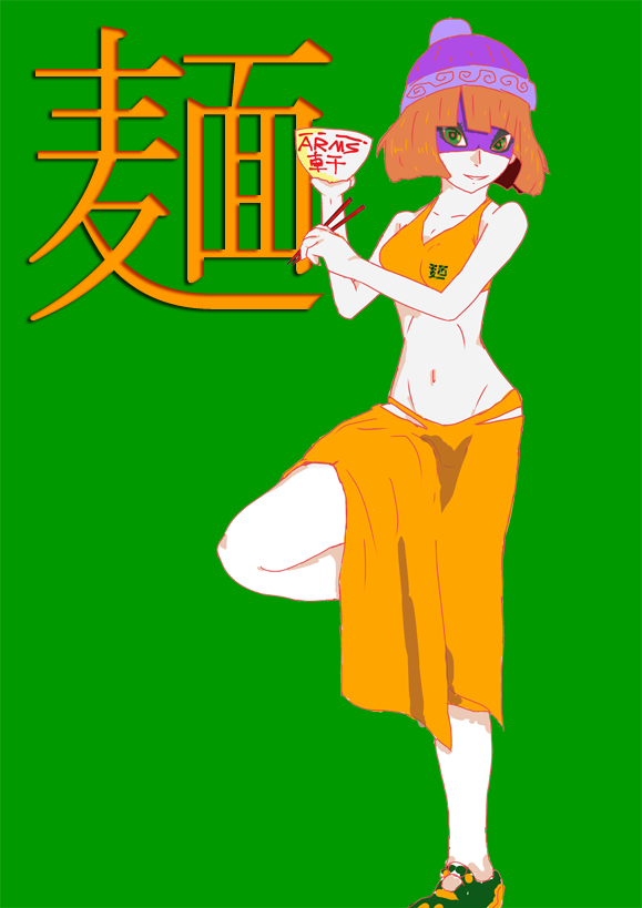 1girl arms_(game) bangs beanie blonde_hair breasts chinese_clothes chopsticks facepaint food green_eyes hat humanization looking_at_viewer mask min_min_(arms) navel noodles ramen short_hair smile solo