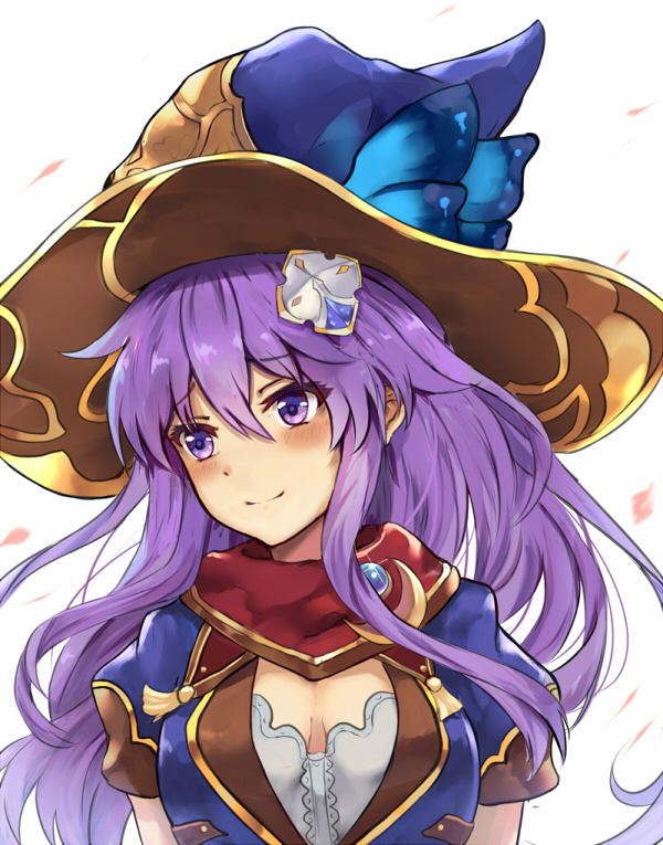 1girl blush breasts cleavage cleavage_cutout four_goddesses_online:_cyber_dimension_neptune hair_ornament hat jewelry long_hair medium_breasts nepgear neptune_(series) purple_hair simple_background smile solo upper_body violet_eyes white_background white_crow witch_hat wizard_hat