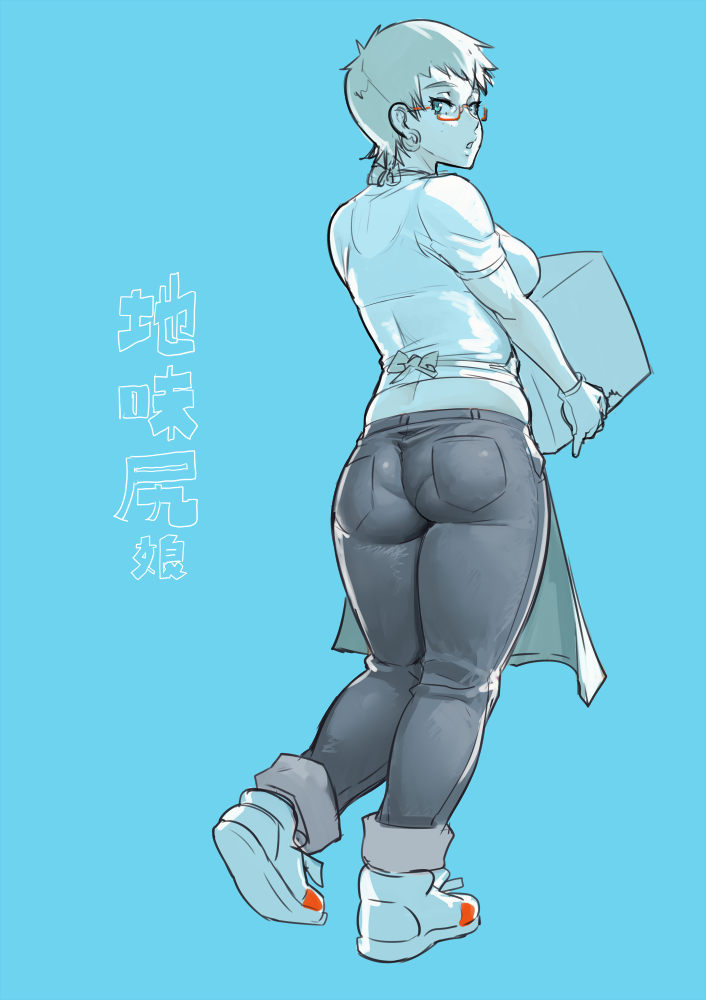 1girl ass blonde_hair blue blue_background box breasts carrying denim from_behind green_eyes jeans looking_at_viewer looking_back mikoyan pants short_hair solo