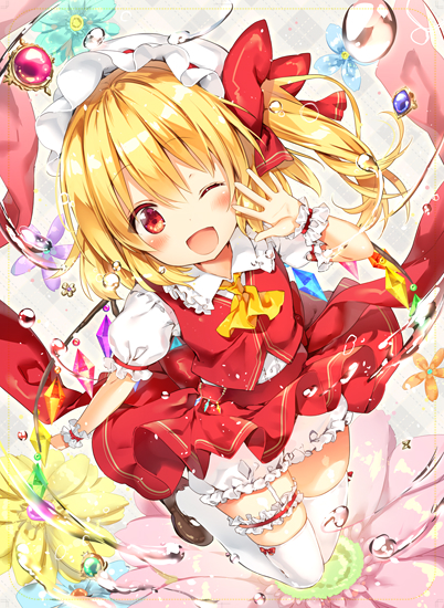 1girl ;d blonde_hair blush bonnet bow eyebrows_visible_through_hair flandre_scarlet full_body garters hair_bow hat long_hair looking_at_viewer one_eye_closed open_mouth red_bow red_eyes red_skirt riichu short_sleeves shorts side_ponytail skirt smile solo tail touhou white_hat white_legwear white_shorts wrist_cuffs