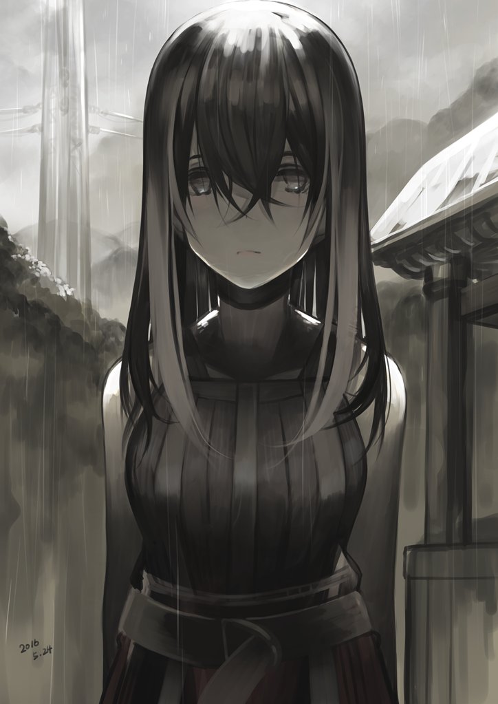 1girl :| belt black_hair closed_mouth dated dress expressionless grey grey_eyes hair_between_eyes looking_at_viewer muted_color original outdoors overcast pale_skin rain rayvon solo striped utility_pole vertical-striped_dress vertical_stripes wet wet_hair