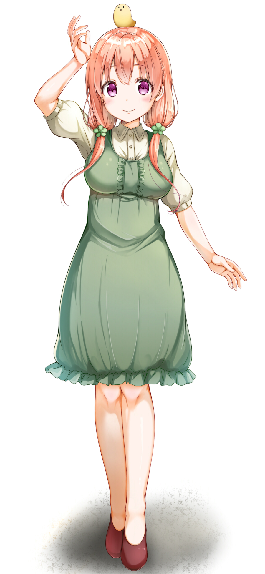 1girl arm_up bangs blush braid brown_shoes chick_on_head closed_mouth dress flats frilled_dress frills full_body green_dress highres hinako_note long_hair looking_at_viewer low_twintails na53 orange_hair sakuragi_hinako shoes short_sleeves side_braid simple_background smile solo standing twintails violet_eyes white_background