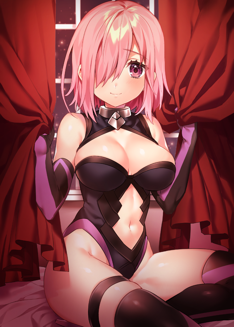 1girl black_gloves black_legwear boots breasts cleavage closed_mouth curtain_grab curtains elbow_gloves fate/grand_order fate_(series) gloves hair_over_one_eye high_heel_boots high_heels ichinose_yukino indoors large_breasts leotard looking_at_viewer navel navel_cutout pink_hair shielder_(fate/grand_order) sitting smile solo thigh-highs thigh_boots thigh_strap violet_eyes