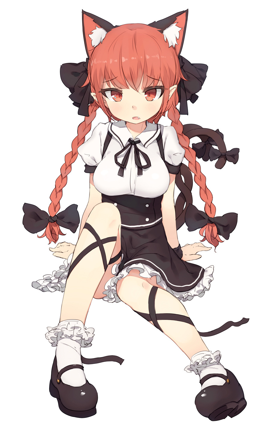 1girl alternate_costume animal_ears bangs black_bow black_ribbon black_shoes black_skirt bow braid breasts cat_ears extra_ears fang full_body hair_bow highres kaenbyou_rin large_breasts long_hair looking_at_viewer maid mary_janes miniskirt petticoat puffy_short_sleeves puffy_sleeves red_eyes redhead ribbon shoes shone short_sleeves simple_background sitting skirt socks solo touhou twin_braids underbust white_background white_legwear wrist_cuffs