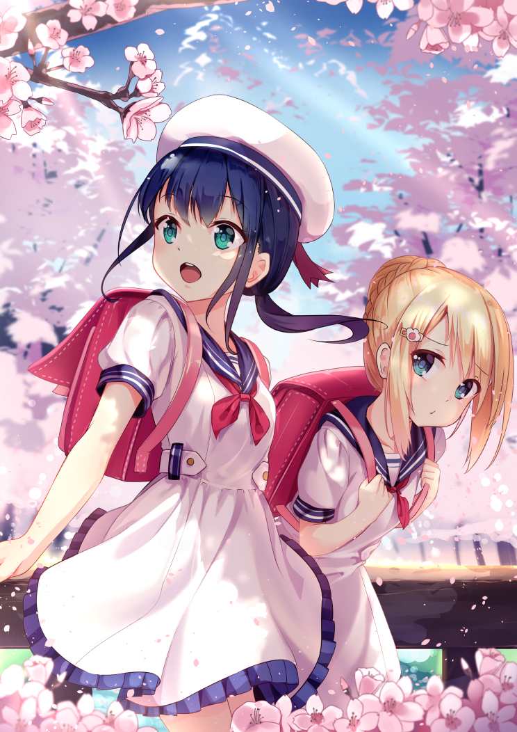 :d aqua_eyes backpack bag bangs blue_hair blue_sky blurry blush cherry_blossoms collarbone commentary_request cowboy_shot day depth_of_field dress eyebrows_visible_through_hair frilled_dress frills from_side hair_bun hair_ornament hairclip hat leaning_forward long_hair looking_at_viewer looking_back looking_to_the_side low_ponytail neckerchief open_mouth original outdoors petals pink_neckerchief purple_hair railing randoseru revision sailor_dress sailor_hat shiny shiny_hair short_sleeves sidelocks sky smile spring_(season) standing tareme tree white_dress white_hat yan_(nicknikg)