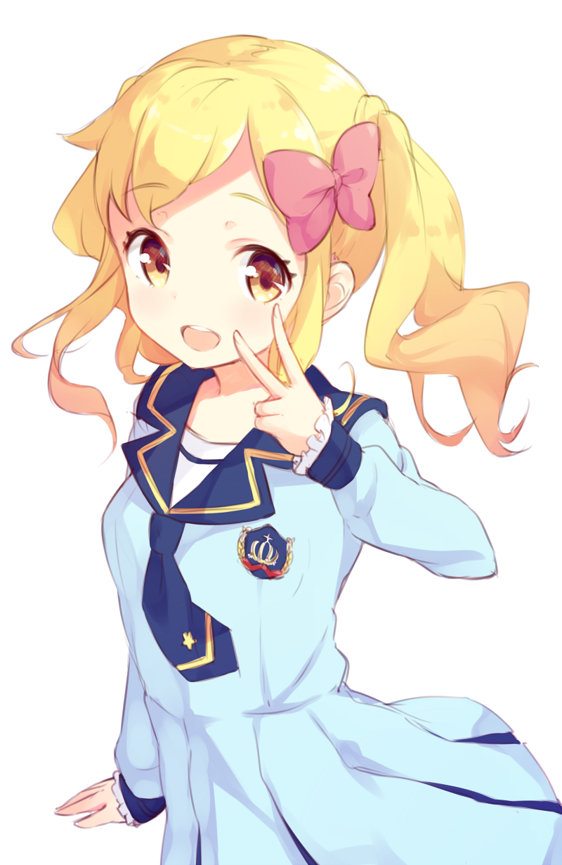 1girl :d aikatsu! aikatsu_stars! bangs blonde_hair blue_dress blue_necktie bow brown_eyes commentary_request dress eyebrows_visible_through_hair hair_bow highres looking_at_viewer mimura_zaja necktie nijino_yume open_mouth pink_bow sailor_collar sailor_dress school_uniform simple_background smile solo teeth twintails upper_body v wavy_hair white_background