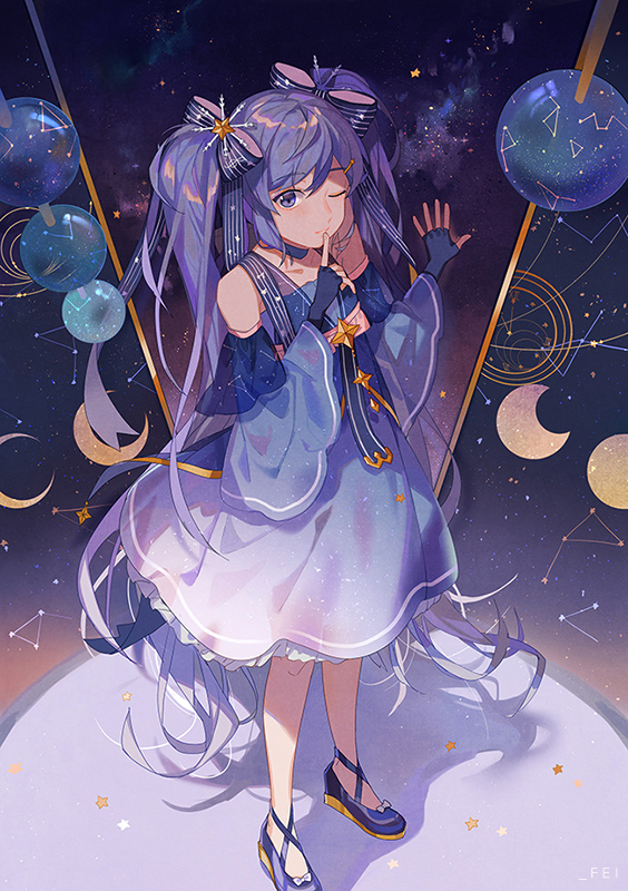 1girl absurdly_long_hair black_gloves blue_dress blue_hair brown_eyes choker collarbone constellation detached_sleeves dress fen_renlei finger_to_mouth fingerless_gloves full_body gloves hair_ribbon hatsune_miku index_finger_raised long_hair looking_at_viewer one_eye_closed purple_ribbon ribbon ribbon_choker sleeveless sleeveless_dress solo standing striped striped_ribbon twintails very_long_hair vocaloid