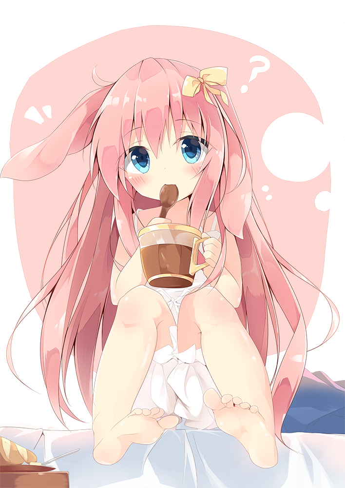 1girl ? animal_ears barefoot bloomers blush bread commentary_request cup dress eyebrows_visible_through_hair feet food holding holding_cup kushida_you legs_up long_hair looking_at_viewer on_bed original pink_hair rabbit_ears ribbon sitting soles spoon toes underwear white_bloomers white_dress wooden_spoon yellow_ribbon