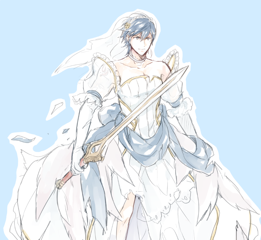 1boy blue_eyes blue_hair bridal_veil bride cosplay dress fire_emblem fire_emblem:_kakusei fire_emblem_heroes krom looking_at_viewer lucina lucina_(cosplay) male_focus s_upernova short_hair solo veil wedding_dress