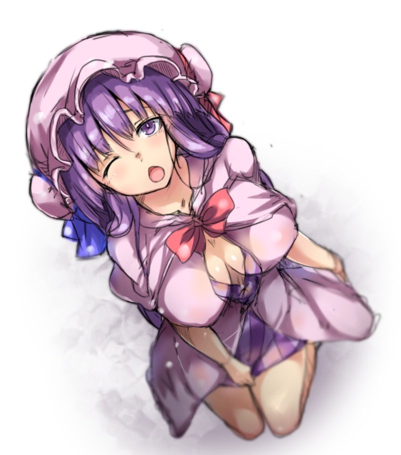 1girl :o bangs blue_bow blurry bow breasts capelet cleavage depth_of_field from_above full_body hair_bow hat kneeling large_breasts long_hair looking_at_viewer mob_cap one_eye_closed ototobe patchouli_knowledge purple_hair red_bow simple_background sketch solo touhou violet_eyes