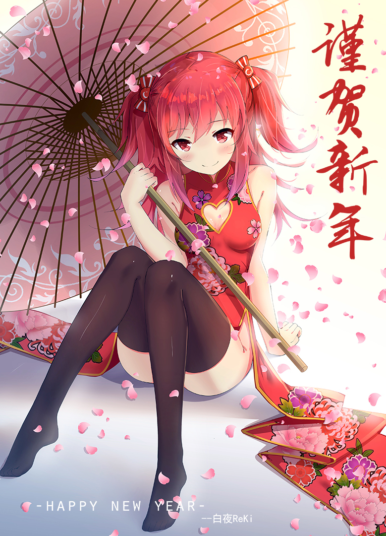 1girl arm_support black_legwear blush bow breasts byakuya_reki cherry_blossoms cleavage_cutout eyebrows_visible_through_hair hair_between_eyes hair_bow happy_new_year heart_cutout holding holding_umbrella long_hair looking_at_viewer nengajou new_year no_panties oriental_umbrella original red_bow red_eyes redhead sitting small_breasts smile solo thigh-highs translated two_side_up umbrella