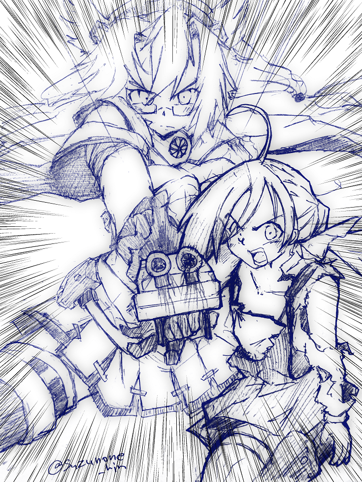 2girls ahoge artist_request cannon collarbone dragon_ball dragon_ball_z dragonball_z glasses gloves graphite_(medium) hair_ribbon kamehameha kantai_collection kiyoshimo_(kantai_collection) looking_at_viewer mechanical_pencil monochrome multiple_girls musashi_(kantai_collection) open_mouth parody pencil pleated_skirt ponytail ribbon sketch skirt torn_clothes traditional_media turret twitter_username