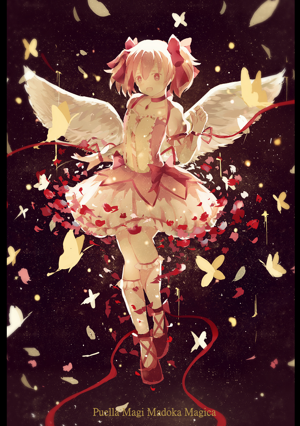 1girl angel_wings bow bubble_skirt butterfly copyright_name feathered_wings full_body gloves hair_bow highres iceblue kaname_madoka magical_girl mahou_shoujo_madoka_magica open_mouth petals pink_eyes pink_hair pink_ribbon ribbon skirt smile socks solo twintails white_gloves white_legwear wings