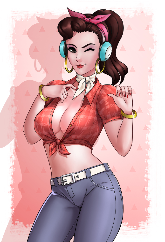 1girl bangle belt blue_pants bracelet breasts brown_eyes brown_hair cleavage collarbone collared_shirt commentary contrapposto cowboy_shot cruiser_d.va d.va_(overwatch) earrings fingernails front-tie_top hair_ribbon hand_on_own_chest headphones hoop_earrings jewelry kyoffie12 long_fingernails looking_at_viewer medium_breasts medium_hair midriff nail_polish navel no_bra one_eye_closed overwatch pants pink_background ponytail red_lips red_nails red_shirt ribbon shadow sharp_fingernails shirt short_sleeves smile solo unbuttoned unbuttoned_shirt white_border white_choker
