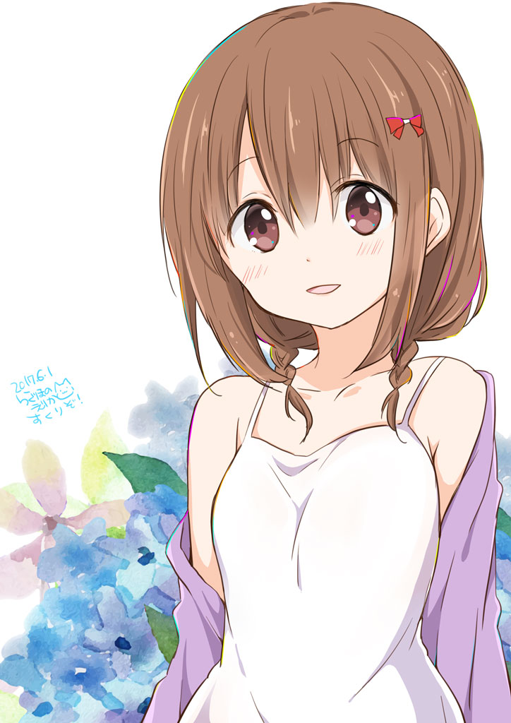 1girl arms_at_sides artist_name bangs blush bow braid brown_eyes brown_hair camisole cardigan copyright_name dated eyebrows_visible_through_hair floral_background flower graphite_(medium) hair_between_eyes hair_bow hydrangea kanaya_neko looking_at_viewer open_cardigan open_clothes parted_lips ragho_no_erika red_bow sidelocks signature smile solo sukurizo! traditional_media twin_braids upper_body