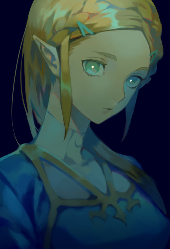 bangs black_background blonde_hair braid green_eyes hair_ornament hairclip looking_at_viewer lor968 parted_bangs parted_lips pointy_ears princess_zelda the_legend_of_zelda the_legend_of_zelda:_breath_of_the_wild white_pupils