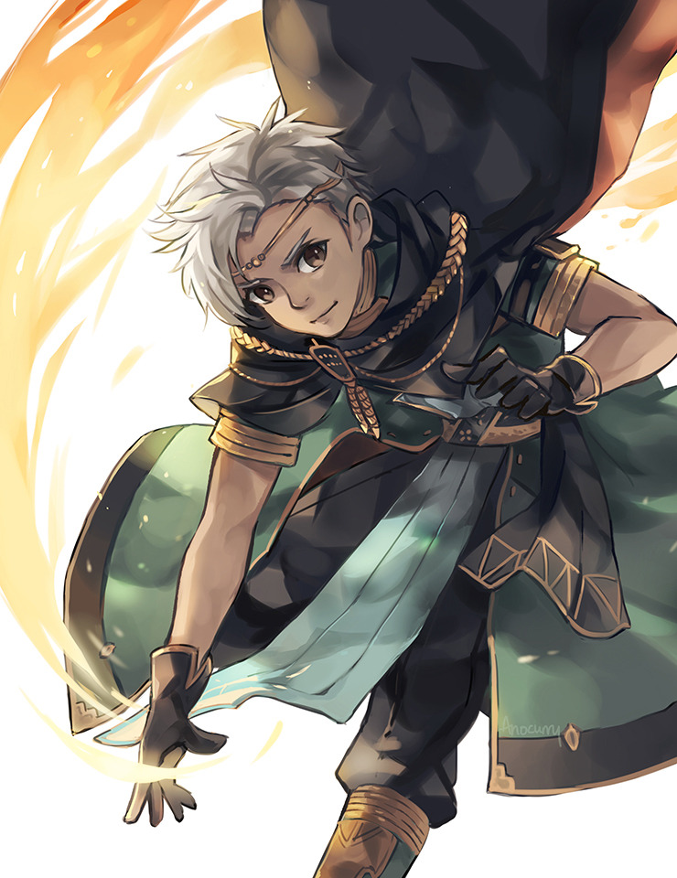 1boy anocurry artist_name boey_(fire_emblem) brown_eyes cape circlet dark_skin fire fire_emblem fire_emblem_echoes:_mou_hitori_no_eiyuuou gloves male_focus simple_background solo upper_body white_background white_hair