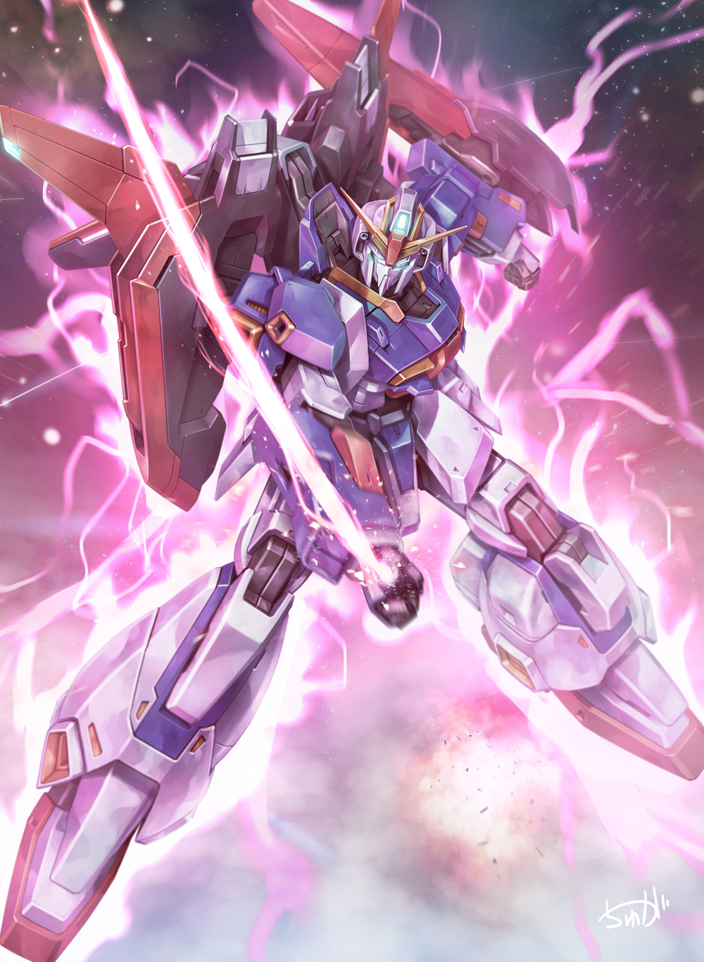 attack aura beam_saber clenched_hand energy_sword explosion gundam highres mecha no_humans shield signature space star_(sky) sword tyuga weapon zero_gravity zeta_gundam zeta_gundam_(mobile_suit)