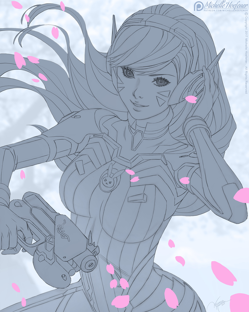 1girl animal_print artist_name bangs bodysuit breasts bunny_print d.va_(overwatch) eyelashes facepaint facial_mark finger_on_trigger gun hand_on_headphones handgun headphones high_collar highres holding holding_gun holding_weapon lineart long_hair looking_at_viewer medium_breasts michelle_hoefener overwatch parted_lips patreon_logo petals pilot_suit pistol ribbed_bodysuit shoulder_pads signature sketch skin_tight smile solo spot_color swept_bangs upper_body watermark weapon web_address whisker_markings work_in_progress