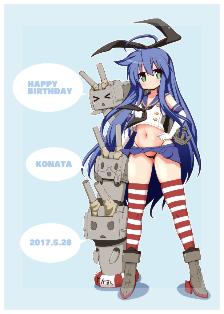 &gt;_&lt; 1girl 2017 ahoge anchor_hair_ornament black_hairband black_panties blue_background blue_hair character_name closed_eyes cosplay dated elbow_gloves eyebrows_visible_through_hair full_body gloves hair_ornament hairband hand_on_hip happy_birthday izumi_konata kantai_collection long_hair looking_to_the_side lucky_star mizushima_(p201112) navel panties rensouhou-chan shimakaze_(kantai_collection) shimakaze_(kantai_collection)_(cosplay) smile standing striped striped_legwear thigh-highs underwear very_long_hair white_gloves