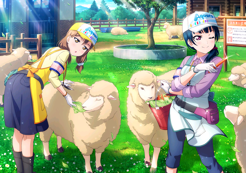 2girls :o alternate_hairstyle animal apron artist_request bangs basket blue_hair blue_sky blunt_bangs boots bow carrot copyright_name flower gloves grass hat kunikida_hanamaru leaf lettuce long_hair love_live! love_live!_school_idol_festival love_live!_sunshine!! low_ponytail low_twintails multiple_girls official_art one_eye_closed outdoors pants sheep skirt sky smile sunlight tree tsushima_yoshiko twintails violet_eyes wind