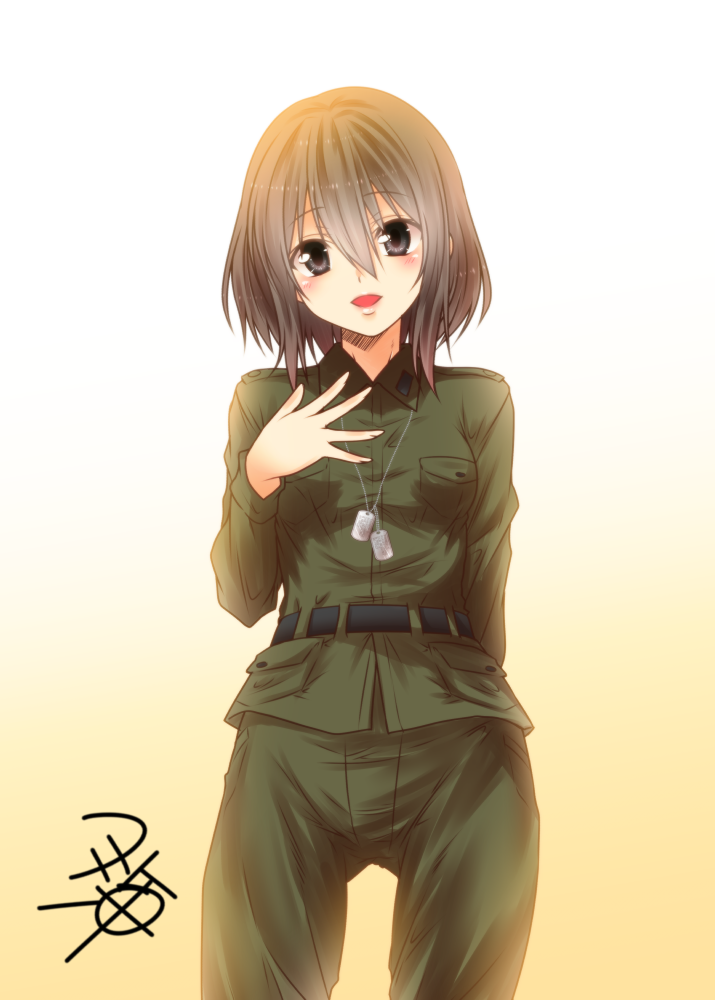 1girl :o artist_name belt black_eyes blush breasts brown_hair commentary_request dog_tags dog_tail eyebrows_visible_through_hair green_jacket green_pants green_vest hair_between_eyes hand_on_own_chest jacket looking_at_viewer military military_uniform open_mouth original pants short_hair simple_background small_breasts tail uniform vest yua_(checkmate)