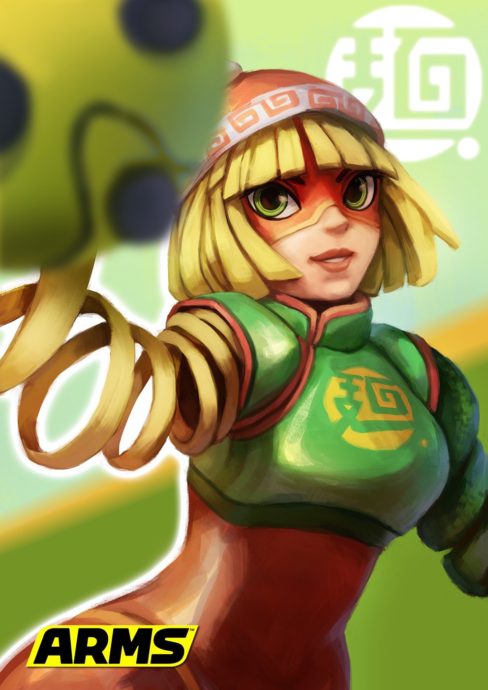 1girl arms_(game) bangs beanie blonde_hair chinese_clothes facepaint green_eyes hat highres logo looking_at_viewer mask min_min_(arms) short_hair smile solo