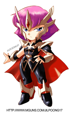 blue_eyes cape chibi crown gundam gundam_zz haman_karn jilpoong17 lowres pink_hair