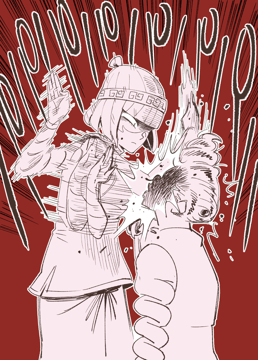 1boy 1girl afterimage angry arms_(game) bangs beanie blood chinese_clothes domino_mask drill_hair emphasis_lines hat highres mask min_min_(arms) monochrome motion_lines nosebleed pompadour red_background shaded_face short_hair slapping sound_effects spring_man_(arms) standing tibonobannsann