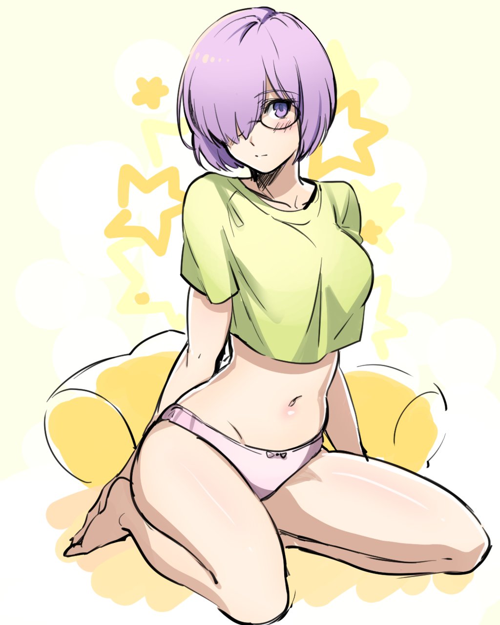 1girl breasts commentary_request cushion fate/grand_order fate_(series) glasses green_shirt hair_over_one_eye highres looking_at_viewer medium_breasts midriff navel no_pants panties pink_panties purple_hair resized shielder_(fate/grand_order) shimo_(s_kaminaka) shirt simple_background sitting solo star tank_top underwear violet_eyes wariza white_background