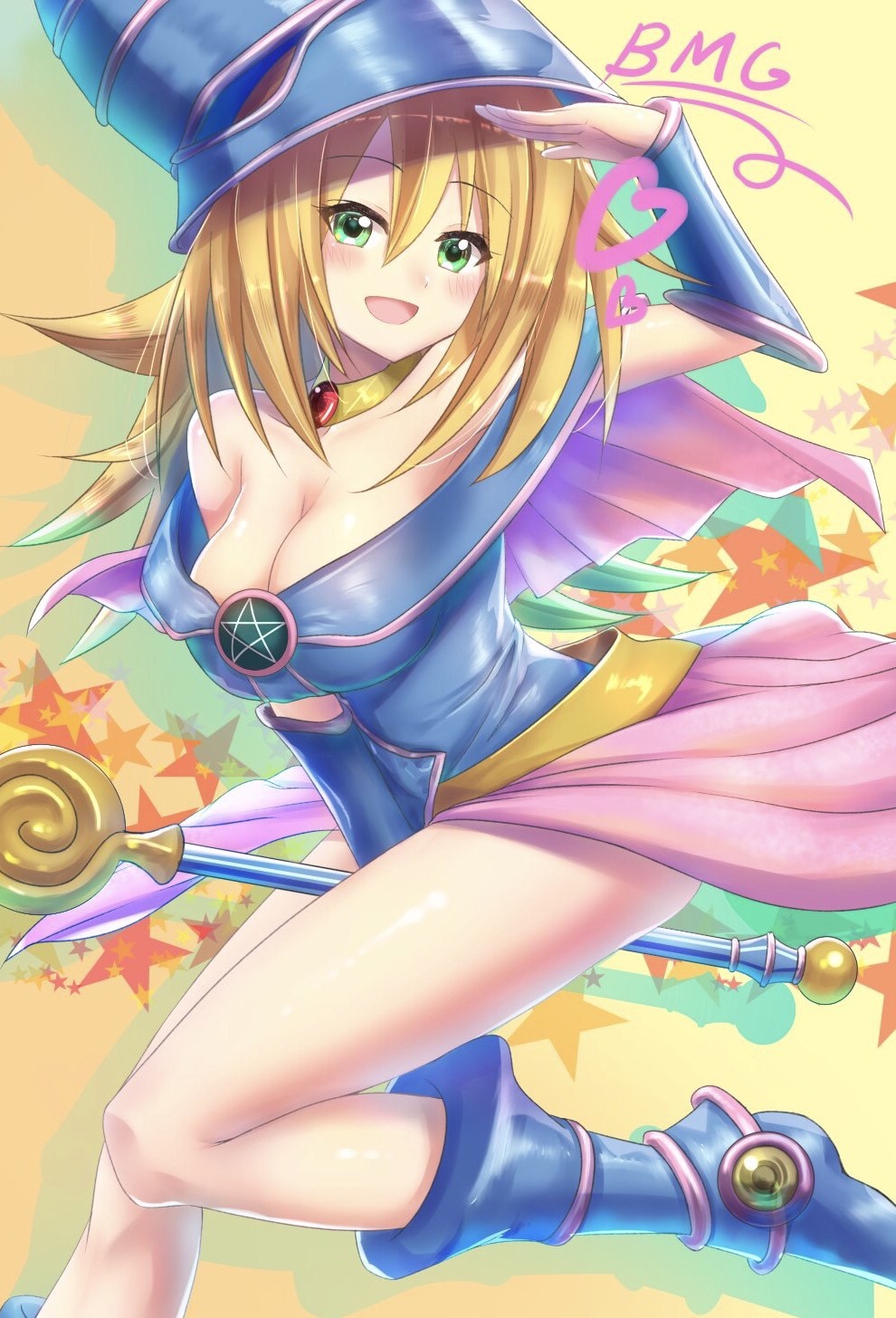 1girl bare_shoulders biibii blonde_hair blue_boots blush blush_stickers boots breasts choker cleavage dark_magician_girl duel_monster green_eyes hat highres large_breasts long_hair open_mouth pentacle smile solo staff wizard_hat yu-gi-oh! yuu-gi-ou_duel_monsters