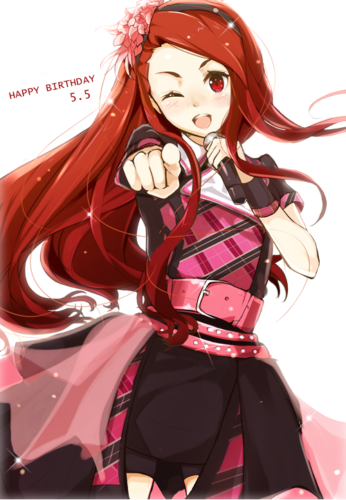 1girl ;d bangs belt black_hairband blush breasts brown_hair cowboy_shot flower hair_flower hair_ornament hairband happy_birthday holding holding_microphone idolmaster long_hair looking_at_viewer microphone minase_iori nira_(vira) one_eye_closed open_mouth pink_belt pointing pointing_at_viewer red_eyes short_sleeves simple_background small_breasts smile solo studded_belt white_background wrist_cuffs