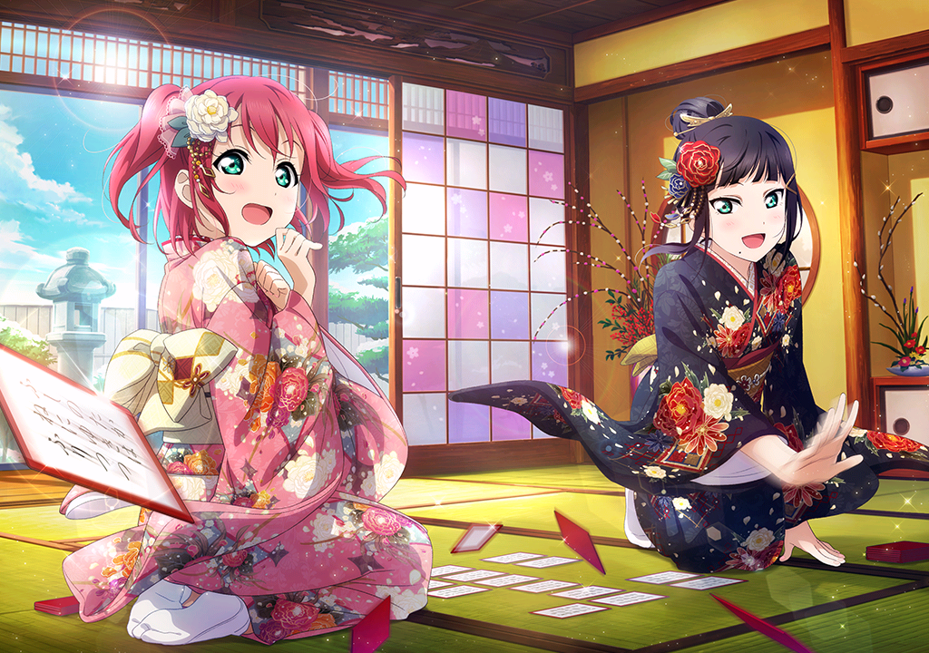 2girls :o artist_request bangs black_hair black_kimono blue_sky blunt_bangs blush card day east_asian_architecture floral_print flower green_eyes hair_bun hair_flower hair_ornament hairclip japanese_architecture japanese_clothes kimono kurosawa_dia kurosawa_ruby looking_at_another love_live! love_live!_school_idol_festival love_live!_sunshine!! mole mole_under_mouth multiple_girls new_year obi official_art open_mouth pink_kimono plant redhead sash seiza short_hair siblings sisters sitting sky smile socks sunlight tabi tatami tied_hair twintails two_side_up wide_sleeves