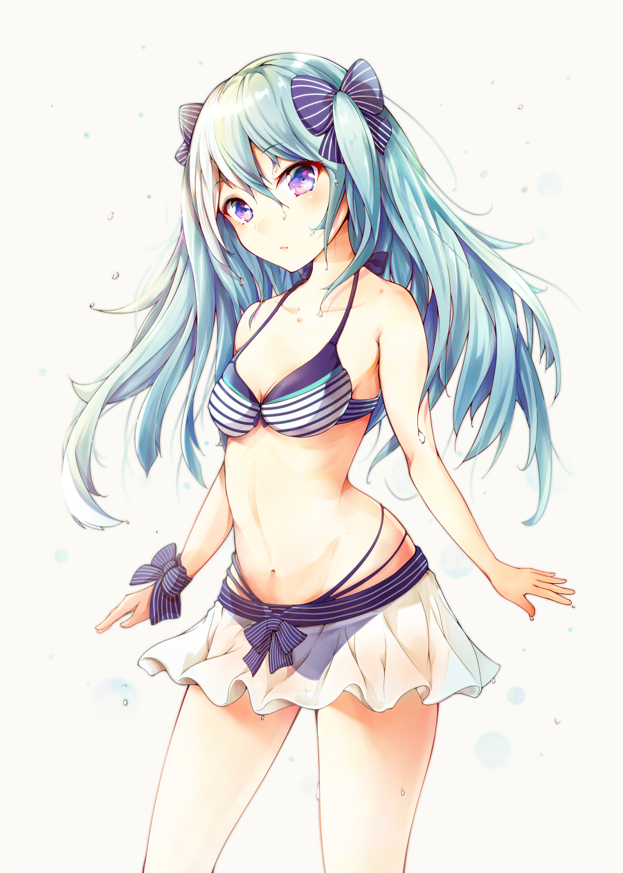 bikini blue_eyes blue_hair blush long_hair official_art shy skirt