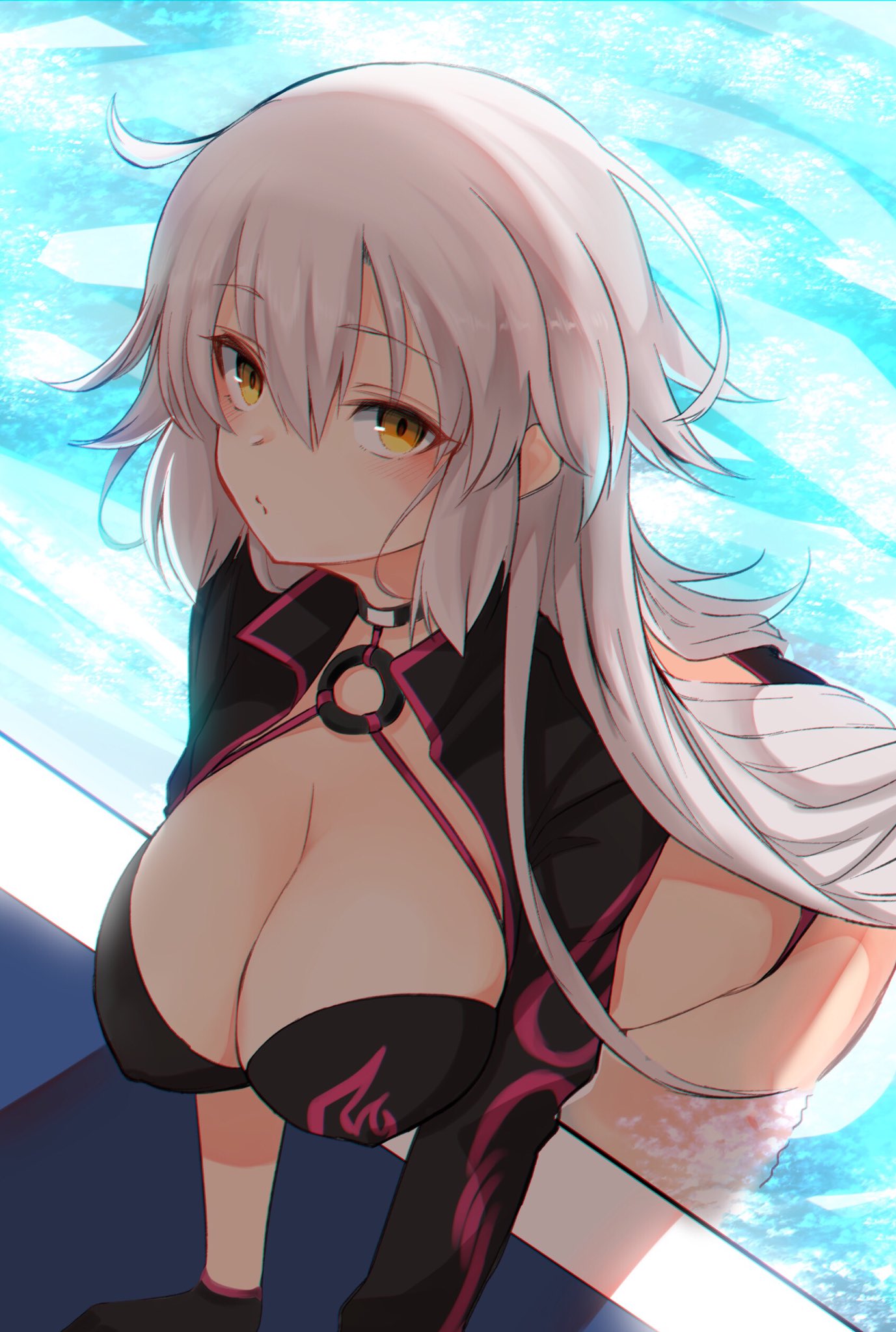 10eki_(tenchou) 1girl ahoge bikini black_bikini black_choker black_gloves black_jacket choker commentary_request cropped_jacket fate/grand_order fate_(series) from_above gloves highres jacket jeanne_d'arc_(alter_swimsuit_berserker) jeanne_d'arc_(fate)_(all) leaning_forward long_hair looking_at_viewer o-ring o-ring_bikini o-ring_bottom o-ring_top pool poolside shrug_(clothing) silver_hair solo swimsuit very_long_hair wading water yellow_eyes