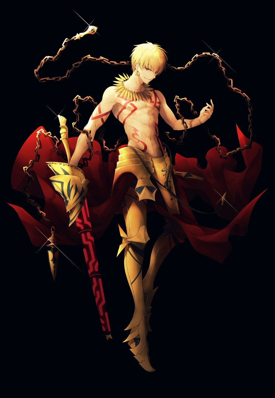 1boy armor armored_boots black_background blonde_hair boots chains ea_(fate/stay_night) earrings fate/stay_night fate_(series) full_body gilgamesh highres holding holding_weapon jewelry looking_at_viewer red_eyes simple_background solo tattoo topless weapon yuririensu