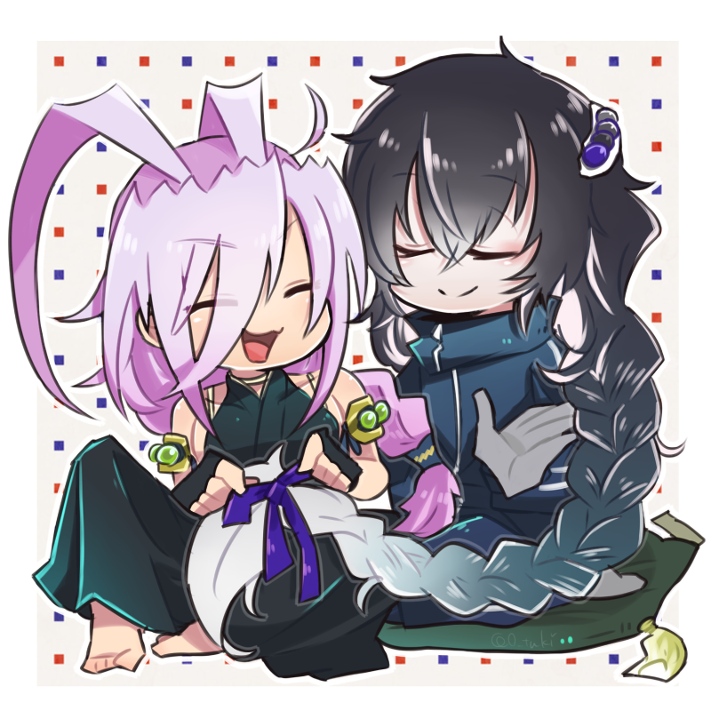 2boys ^_^ alternate_hairstyle antenna_hair black_hair braid closed_eyes cushion gradient_hair hakama japanese_clothes juzumaru_tsunetsugu male_focus multicolored_hair multiple_boys open_mouth purple_hair putegoya seiza sengo_muramasa_(touken_ranbu) single_braid sitting smile touken_ranbu track_suit white_hair