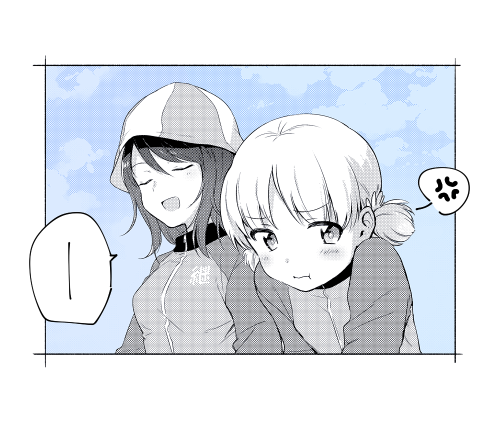 ... 2girls :t aki_(girls_und_panzer) anger_vein angry bangs closed_mouth clouds cloudy_sky emblem fuji_fujino girls_und_panzer hair_tie halftone hat jacket keizoku_military_uniform long_hair long_sleeves mika_(girls_und_panzer) military military_uniform monochrome multiple_girls open_mouth outdoors partially_colored pout raglan_sleeves short_hair short_twintails sitting sky smile spoken_anger_vein spoken_ellipsis track_jacket twintails uniform upper_body
