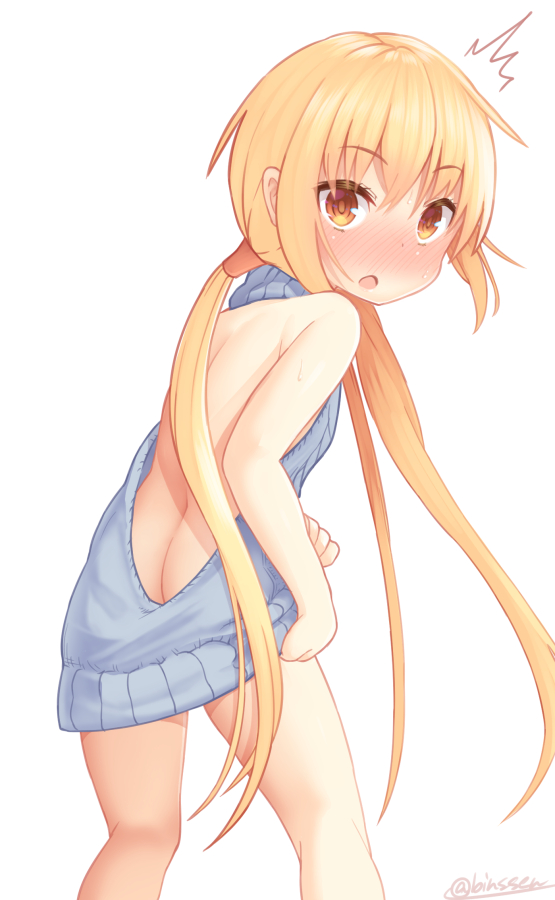 /\/\/\ 1girl backless_outfit bangs bare_back bare_shoulders binsen blush butt_crack dress eyebrows_visible_through_hair from_behind full-face_blush grey_sweater halterneck kantai_collection long_hair looking_at_viewer looking_back low_twintails meme_attire naked_sweater open-back_dress open_mouth ribbed_sweater satsuki_(kantai_collection) sidelocks signature simple_background solo sweater sweater_dress turtleneck turtleneck_sweater twintails twitter_username virgin_killer_sweater white_background