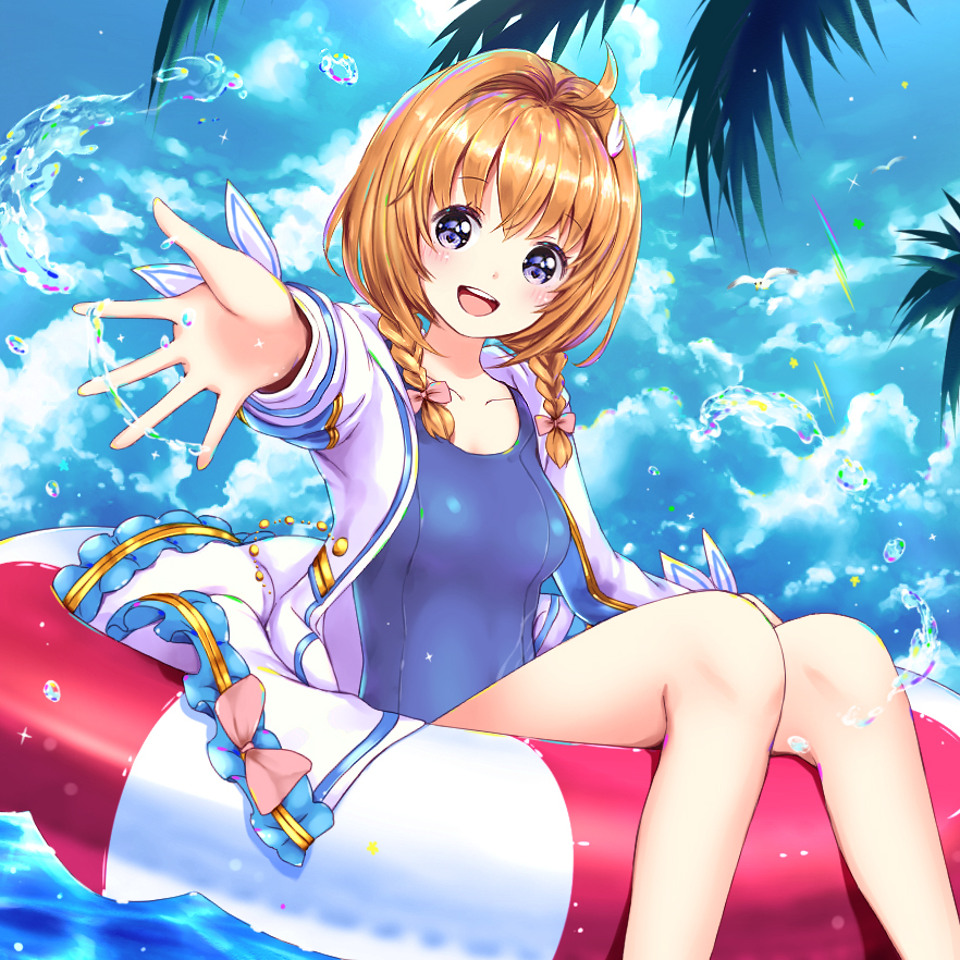 1girl :d ahoge animal bangs bird blue_sky blue_swimsuit blush bow braid branch breasts brown_hair catbell clouds cloudy_sky collarbone commentary_request day eyebrows_visible_through_hair hair_bow innertube jacket long_hair long_sleeves looking_at_viewer medium_breasts ocean one-piece_swimsuit open_clothes open_jacket open_mouth outdoors outstretched_arm outstretched_hand pink_bow reaching_out round_teeth seagull shiny shiny_hair shironeko_project sitting sky smile solo sparkle swimsuit teeth tree twin_braids violet_eyes water_drop white_jacket wing_hair_ornament