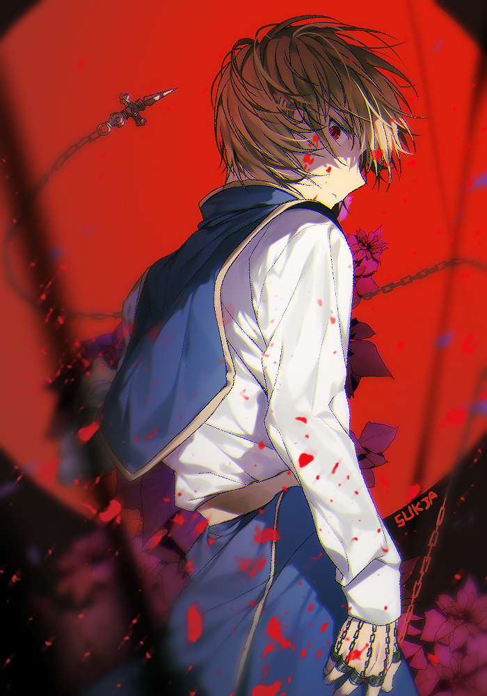 1boy blonde_hair blue_skirt chains hunter_x_hunter kurapika looking_at_viewer looking_back moon petals red_eyes red_moon shirt signature skirt solo spiky_hair sukja white_shirt