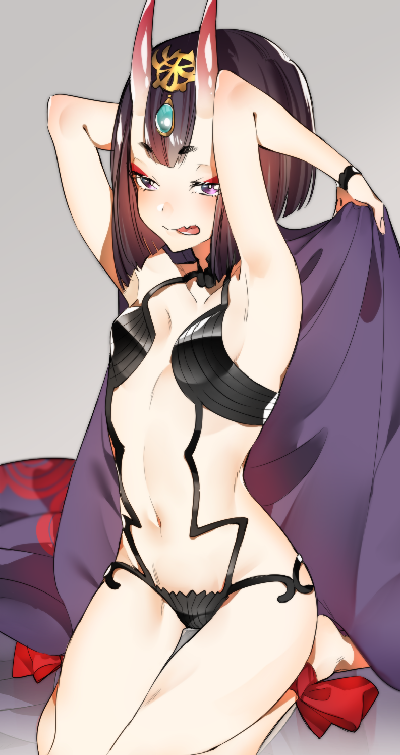 1girl fate/grand_order fate_(series) highres holding horns open_mouth ornament purple_hair shuten_douji_(fate/grand_order) violet_eyes