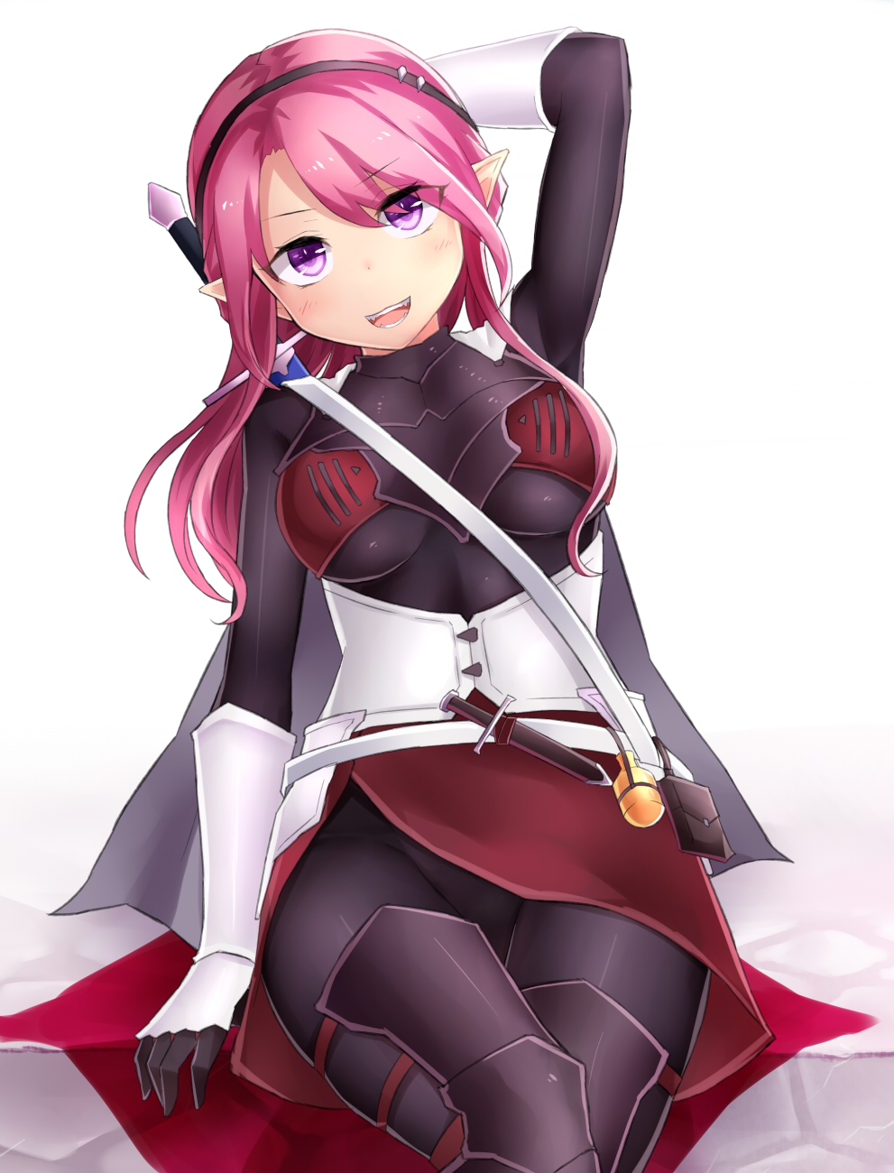 1girl armor bracer breastplate breasts cape commentary_request dagger gloves hand_in_hair highres hilt leg_armor legs_crossed long_hair long_sleeves looking_at_viewer medium_breasts neit_ni_sei open_mouth original pink_eyes pink_hair pointy_ears sitting smile solo teeth weapon white_background