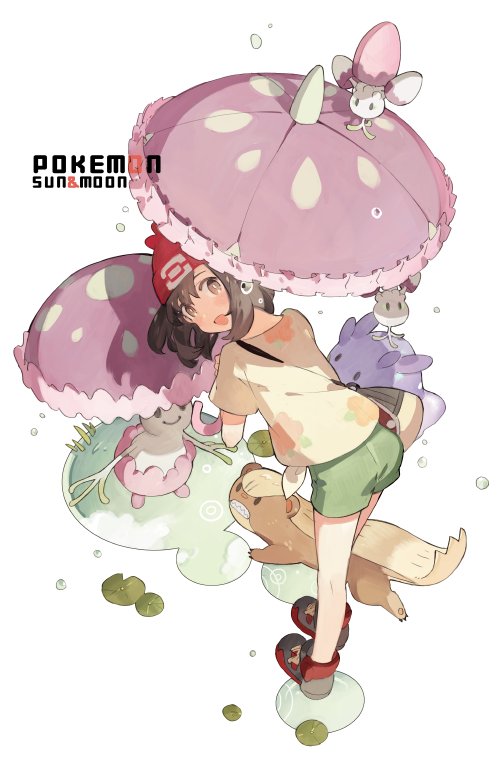 1girl bag beanie black_hair copyright_name from_behind goomy green_shorts handbag hat looking_back mizuki_(pokemon_sm) morelull open_mouth pokemon pokemon_(creature) pokemon_(game) pokemon_sm red_hat shiinotic short_hair short_sleeves shorts starshadowmagician umbrella yungoos