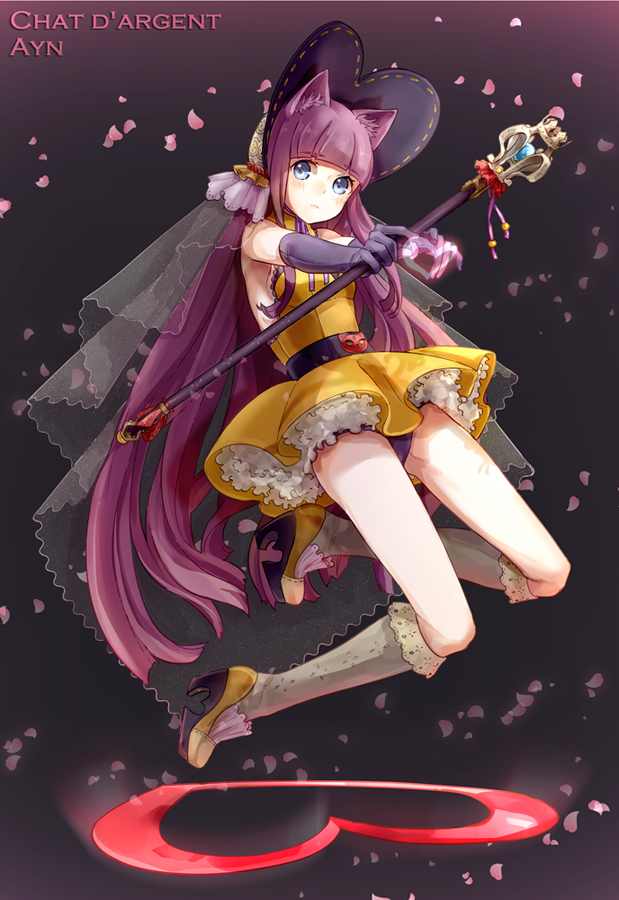 1girl animal_ears ayn_(unlight) blue_eyes blush cat_ears character_name cherry_blossoms dress elbow_gloves expressionless gloves heart high_heels holding holding_weapon jewelry kneehighs looking_at_viewer magical_girl naive_(day) panties pantyshot petals purple_hair see-through sleeveless sleeveless_dress staff underwear unlight veil weapon