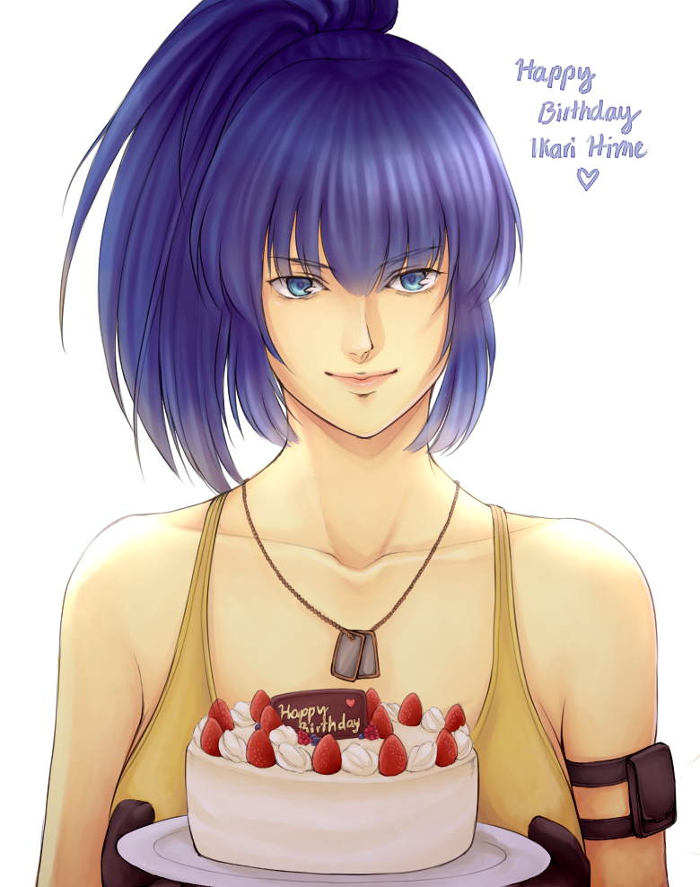1girl armband birthday_cake black_gloves blue_eyes blue_hair breasts cake collarbone dog_tags food gloves happy_birthday kthovhinao_virmi large_breasts leona_heidern lips long_hair smile solo tank_top the_king_of_fighters tray